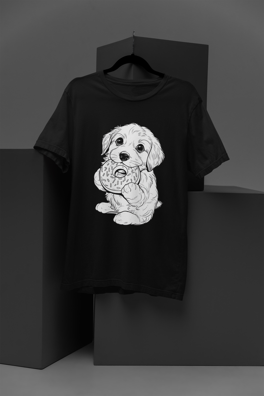 Cute Puppy Printed Tee front view on black cotton tee with whimsical donut‑dog illustration print