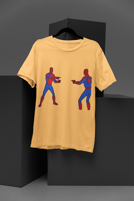 FOMO Fashions Double Spiderman T Shirt with mirrored Super‑Hero print on beige cotton tee