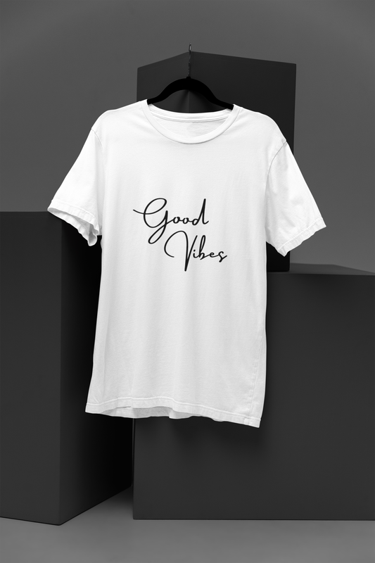 FOMO Fashions white T-shirt front with â€œGood Vibesâ€ typography graphic