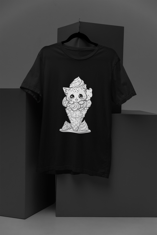 Ice Cream Cat Women's Graphic Tee Fun Cotton Round Neck