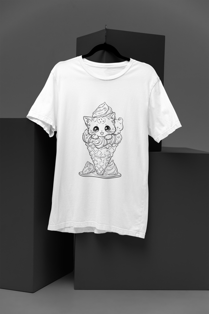 Ice Cream Cat Women's Graphic Tee Fun Cotton Round Neck