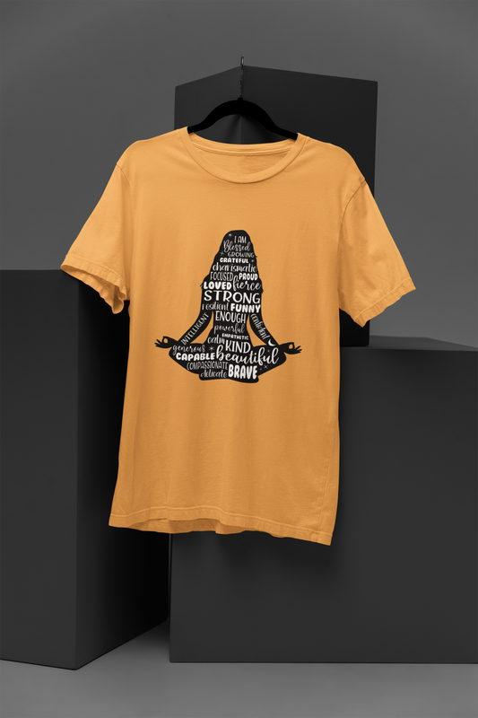 FOMO Fashions Women Meditation T Shirt beige tee with "Life About Women" peaceful typography print