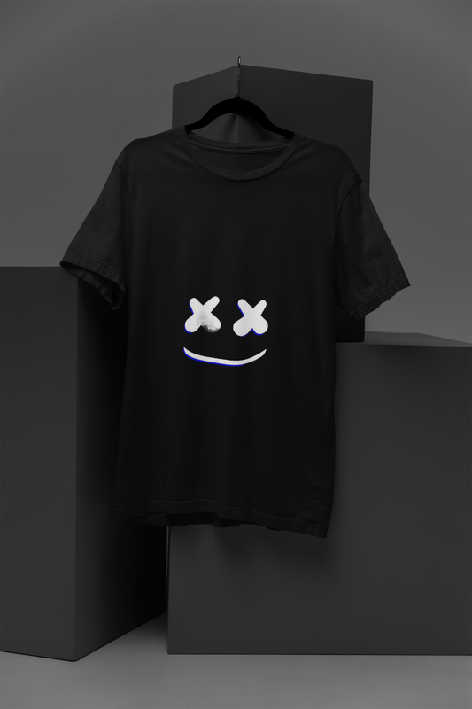 FOMO Fashions Fun Marshmallow Smile T Shirt: black tee with a winking marshmallow face and smiley graphic.
