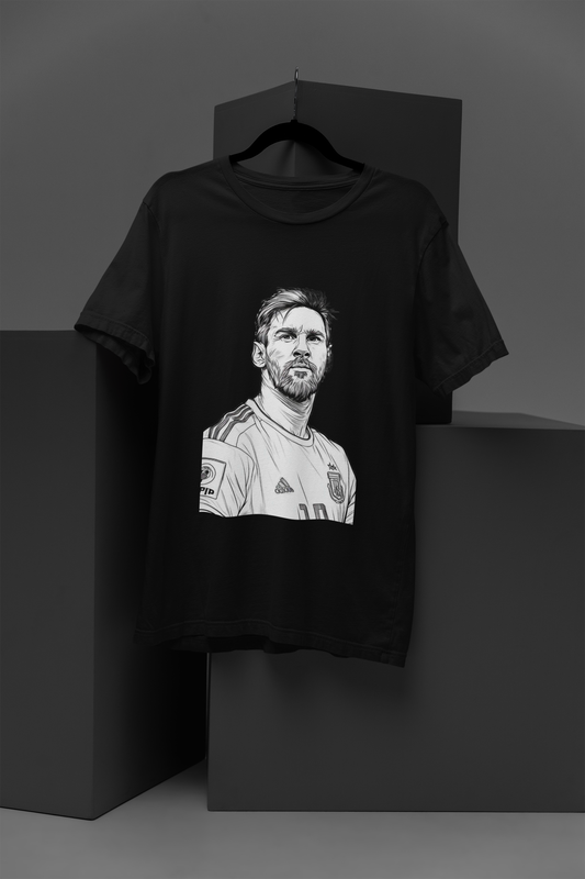 FOMO Fashions GOAT Messi T Shirt: black tee with stylized goat silhouette and"Messi" football graphic.