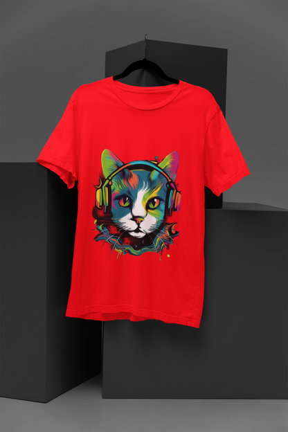 Unisex Musical Cat Graphic Printed Round Neck Cotton T Shirt