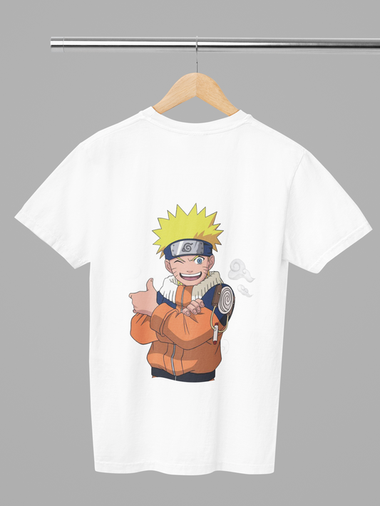 FOMO Fashions white T-shirt front with Naruto anime graphic print