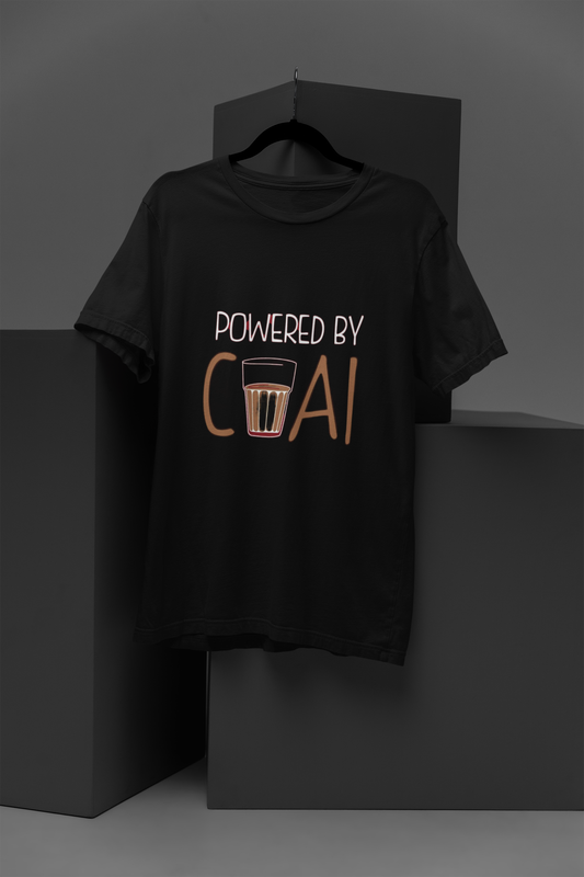 Chai Zaruri Hai T Shirt front on black tee featuring bold"Powered by Chai" typographic slogan FOMO Fashions.