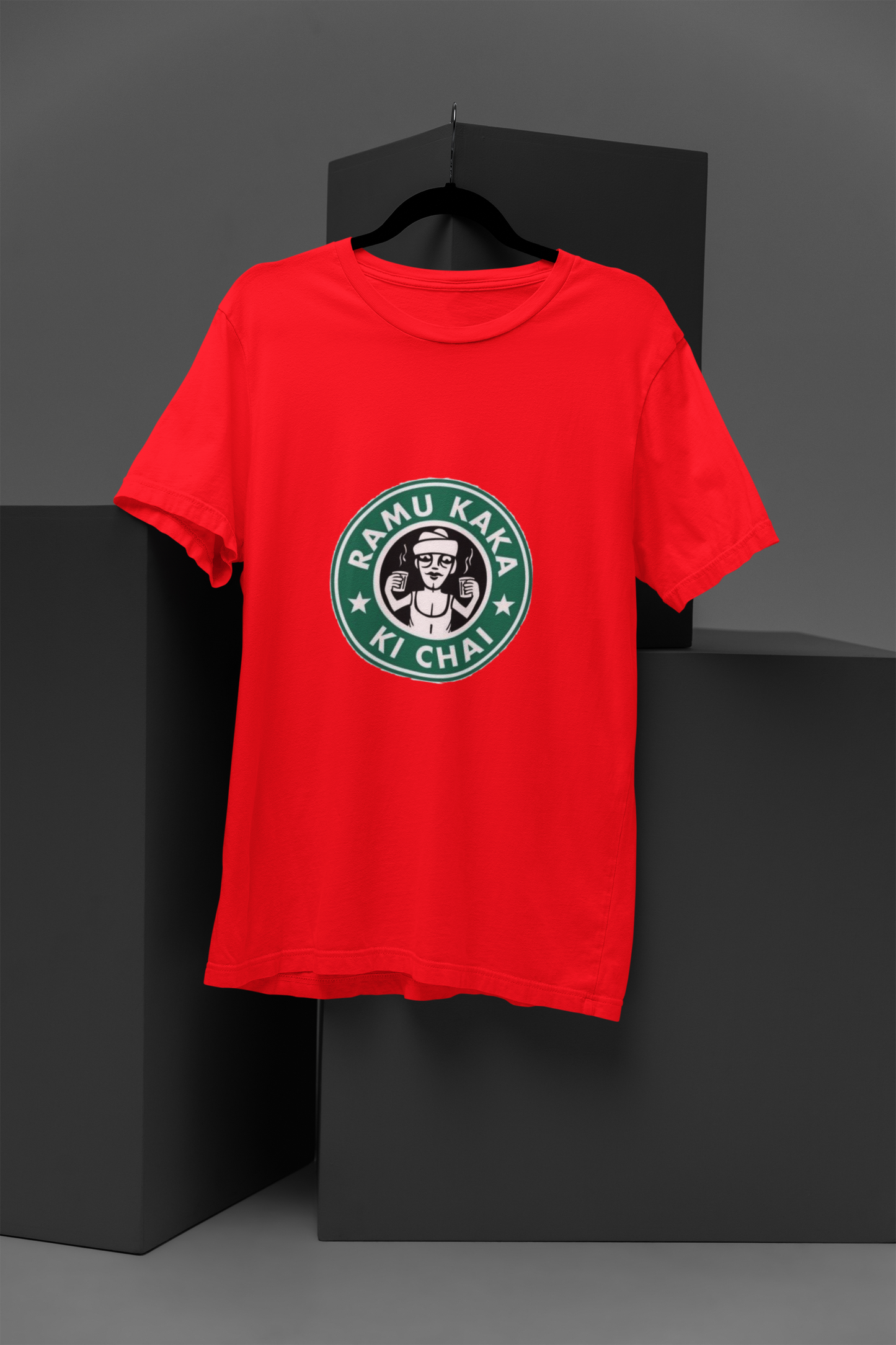 FOMO Fashions Ramu Kaka Ki Chai T Shirt red tee with playful tea‑time character slogan print