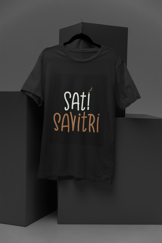 FOMO Fashions Sati Savitri T Shirt black tee with cultural illustration and text inspired graphic