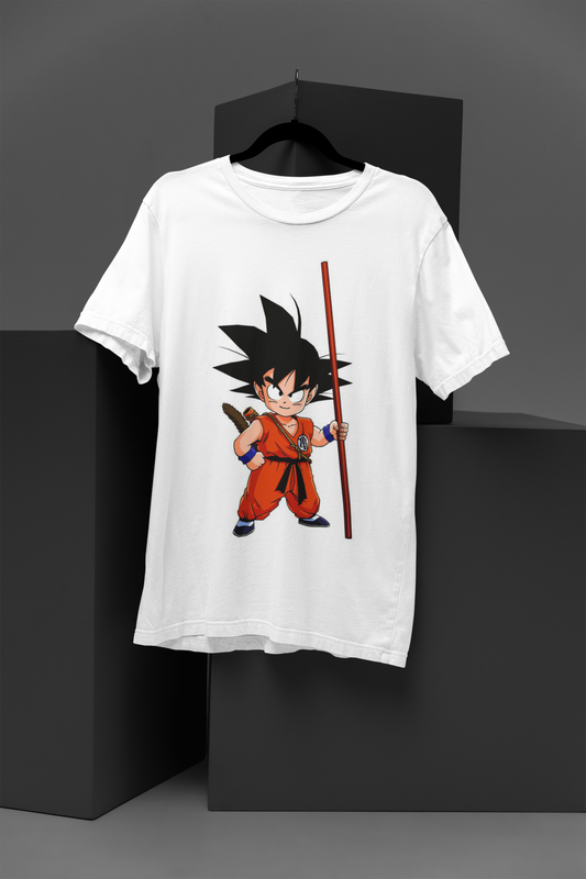 FOMO Fashions Kid Goku T Shirt white tee featuring youthful anime-style Goku illustration