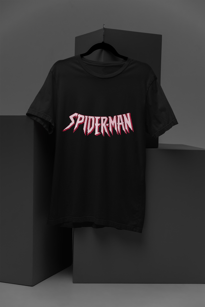 FOMO Fashions Spiderman T Shirt black tee with bold red Spiderman text graphic across front
