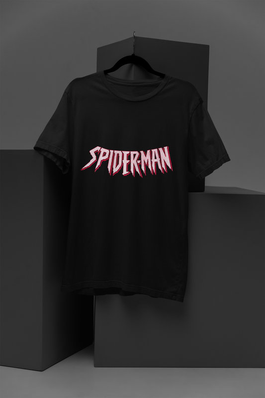 FOMO Fashions Spiderman T Shirt black tee with bold red Spiderman text graphic across front
