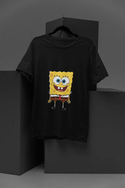 FOMO Fashions SpongeBob T Shirt: white tee featuring a classic SpongeBob cartoon face smiling print.