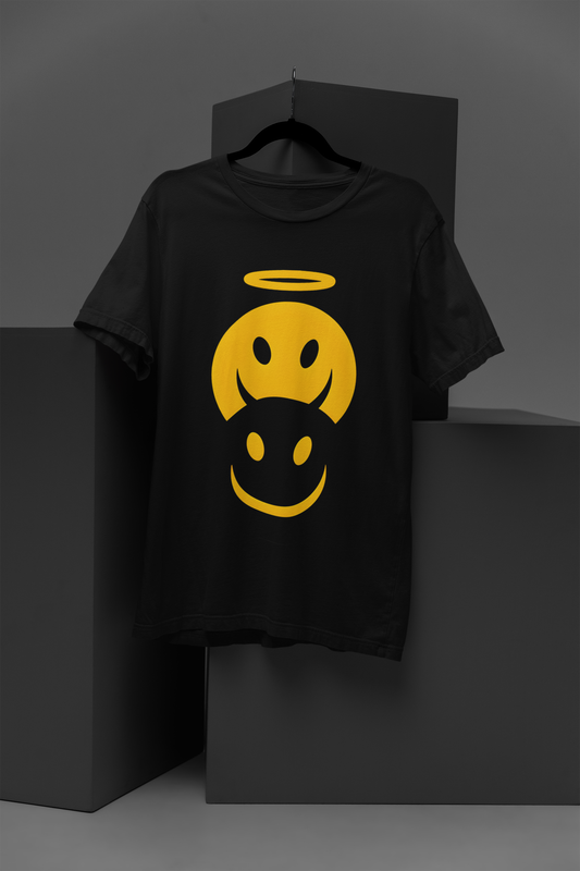 FOMO Fashions Two Smiley T Shirt black cotton tee with dual expressive smiley icon print