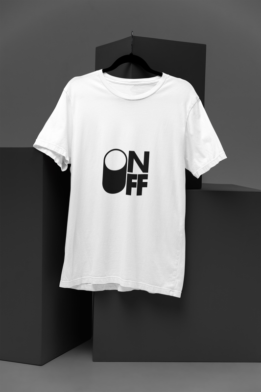 FOMO Fashions On‑Off T Shirt white cotton tee with minimal binary power symbol graphic
