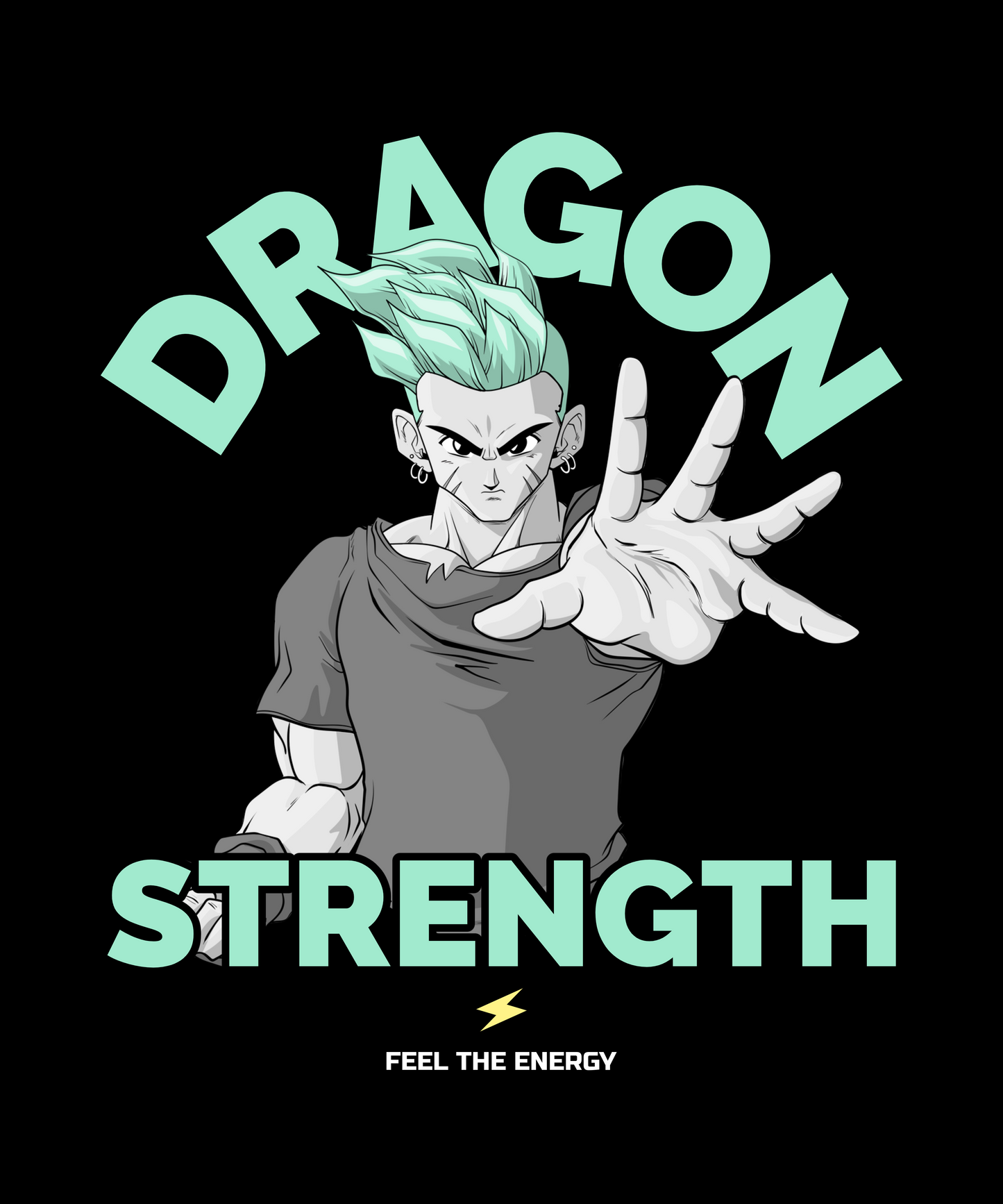 FOMO Fashions Graphic Dragon Strength T Shirt: black tee with fierce red dragon illustration and strength slogan.