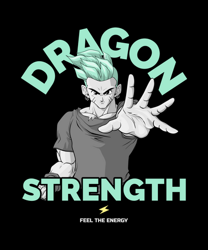 FOMO Fashions Graphic Dragon Strength T Shirt: black tee with fierce red dragon illustration and strength slogan.