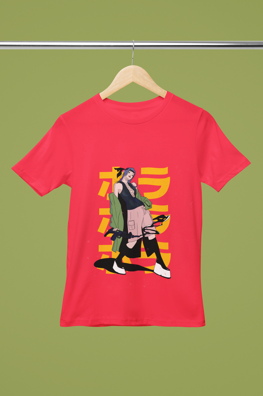 FOMO Fashions Elegant Design T Shirt mockup with ninja character art on cotton swing hanger