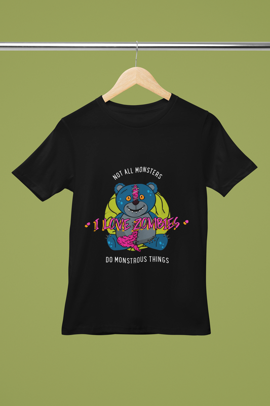 FOMO Fashions Zombies T Shirt hanger mockup showing zombie art on Bella Canvas tee