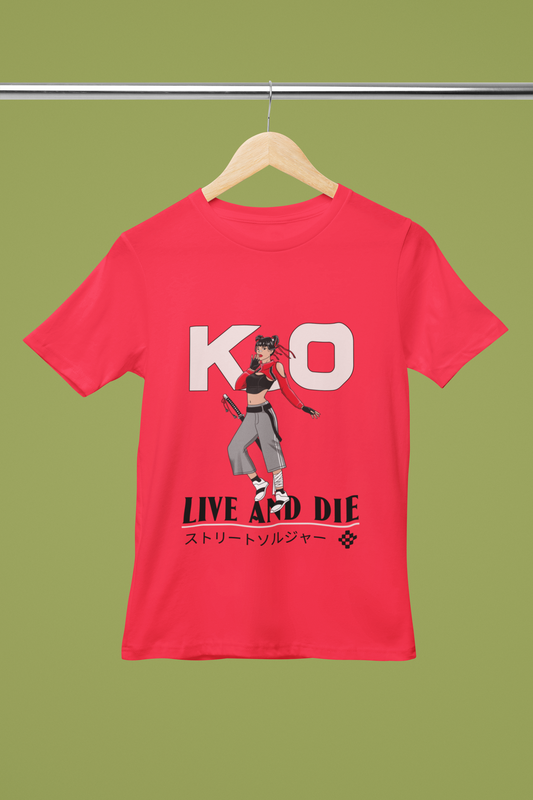 FOMO Fashions K.O. Live and Die T Shirt hanger mockup with bold female ninja design print