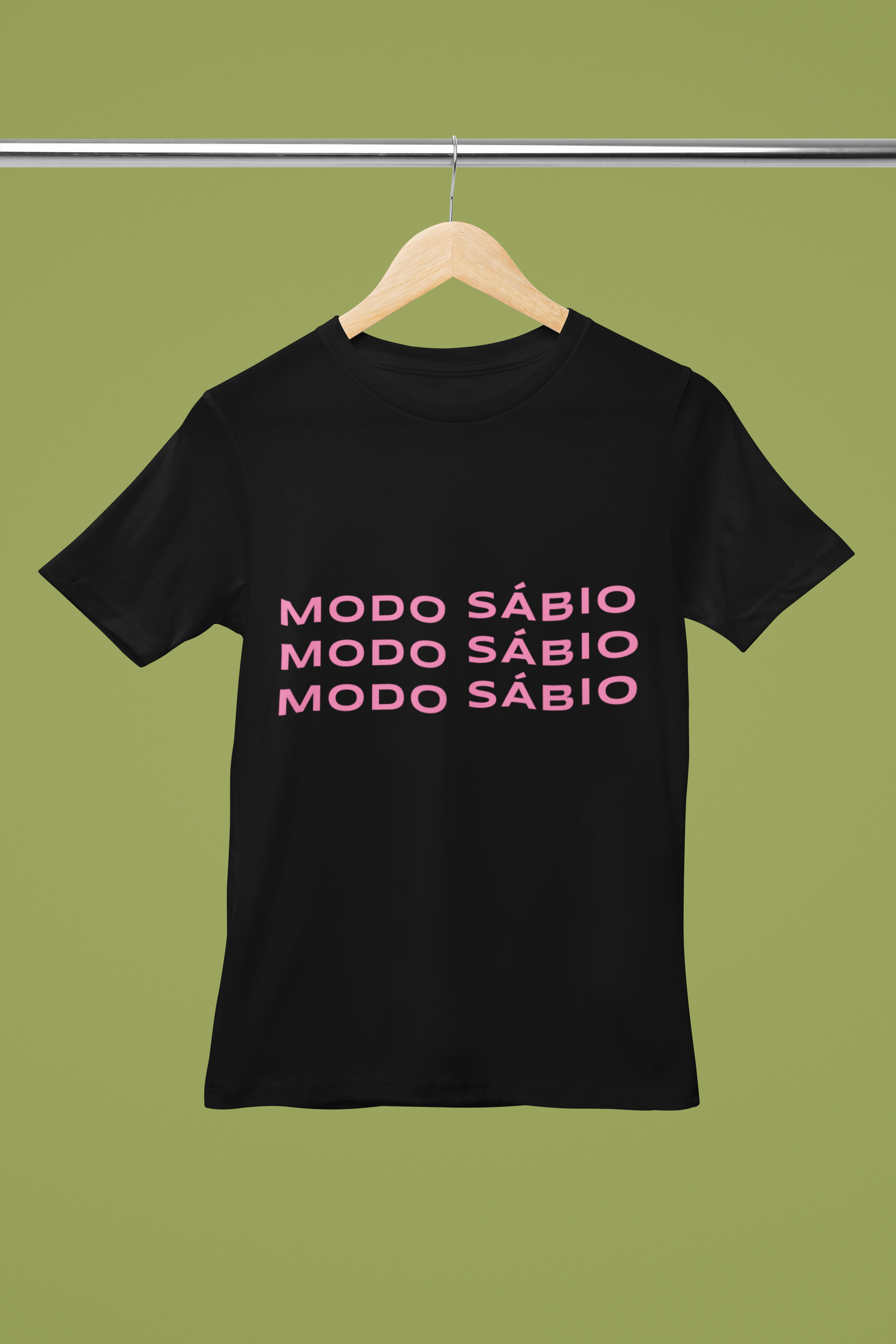 Bella Canvas round-neck T-shirt mockup hanging on wooden hanger, front view