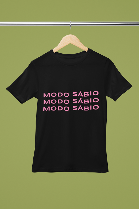 Bella Canvas round-neck T-shirt mockup hanging on wooden hanger, front view