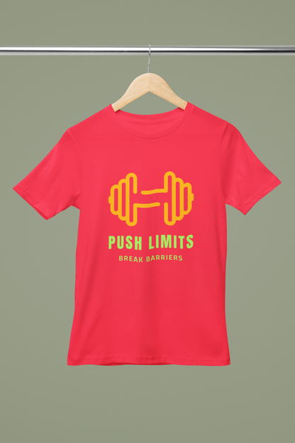 FOMO Fashions Push Your Limits T Shirt mockup on hanger with bold motivational gym logo