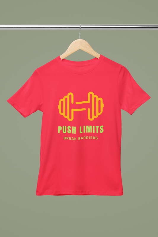 FOMO Fashions Push Your Limits T Shirt mockup on hanger with bold motivational gym logo