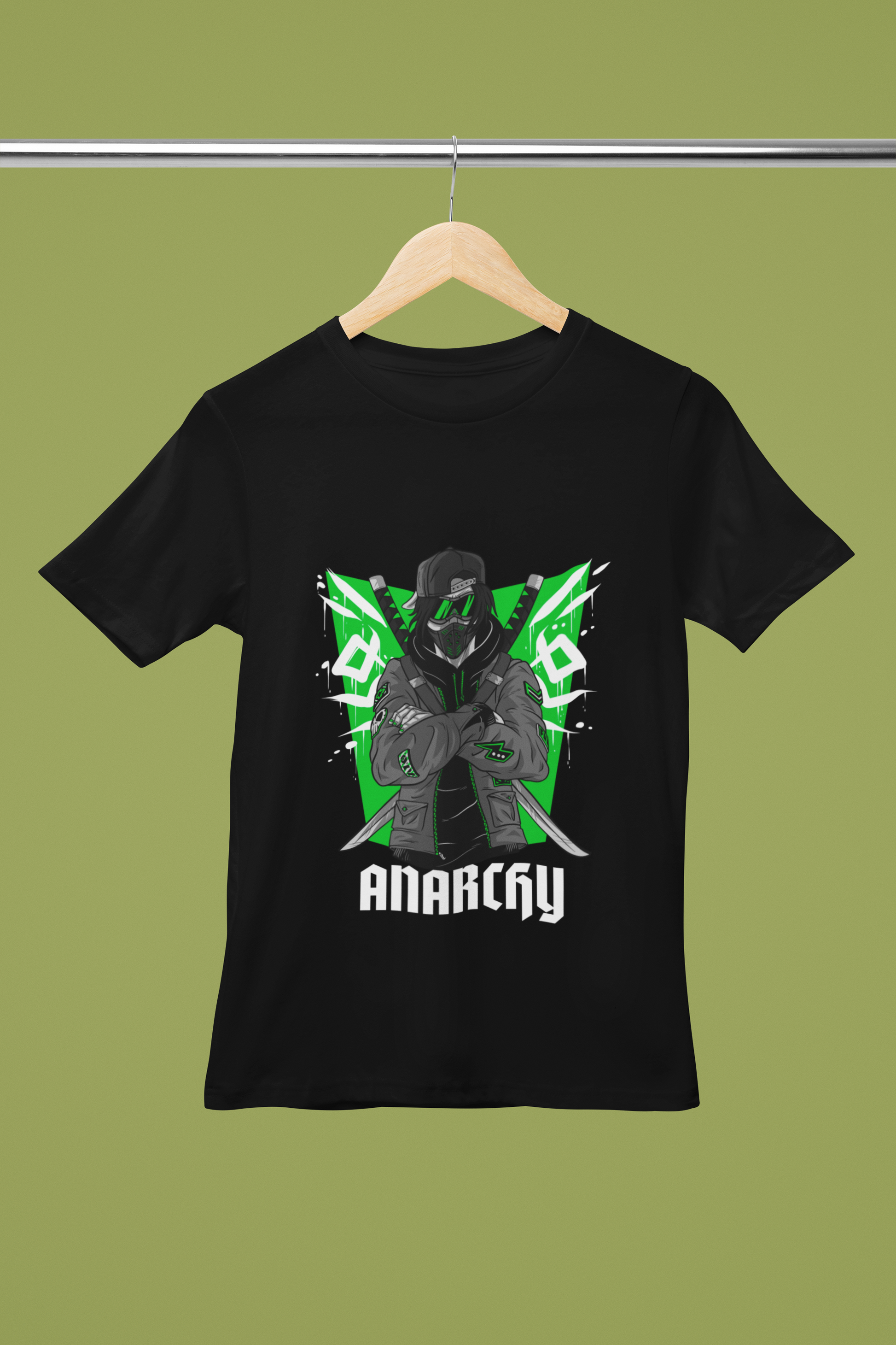 FOMO Fashions Anarchy T Shirt on Bella Canvas round‑neck hanger mockup with bold streetwear print