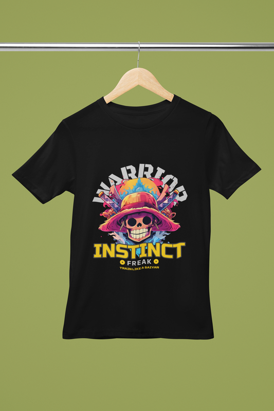FOMO Fashions Warrior Instinct T Shirt hanger mockup with anime warrior lifting weights graphic