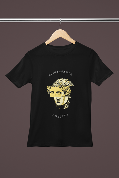 FOMO Fashions Renaissance T Shirt hanger mockup with sliced sculpture graphic on cotton tee