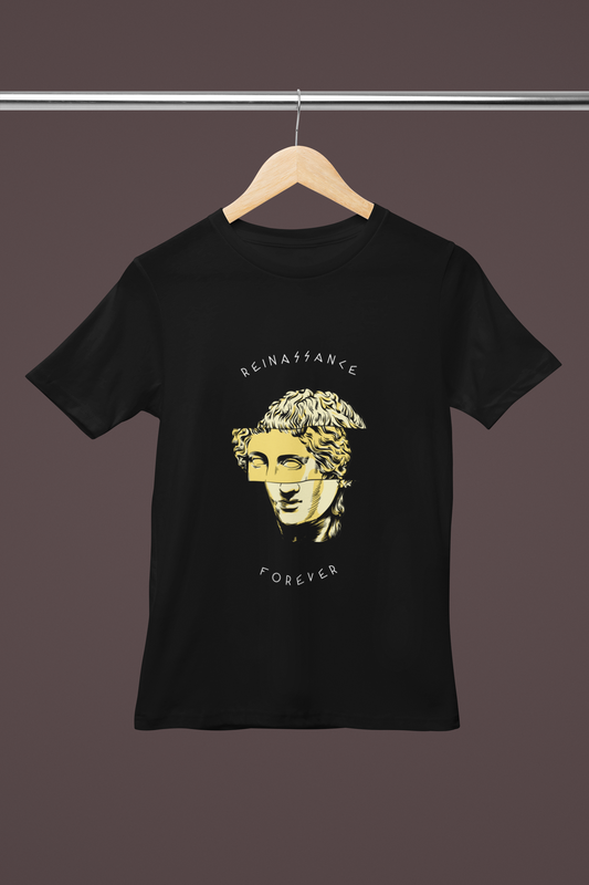 FOMO Fashions Renaissance T Shirt hanger mockup with sliced sculpture graphic on cotton tee