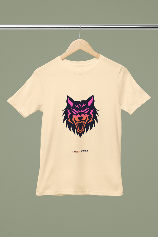 Cyan Foxie Tee hanger mockup on Bella Canvas tee with vibrant wolf‑head streetwear graphic