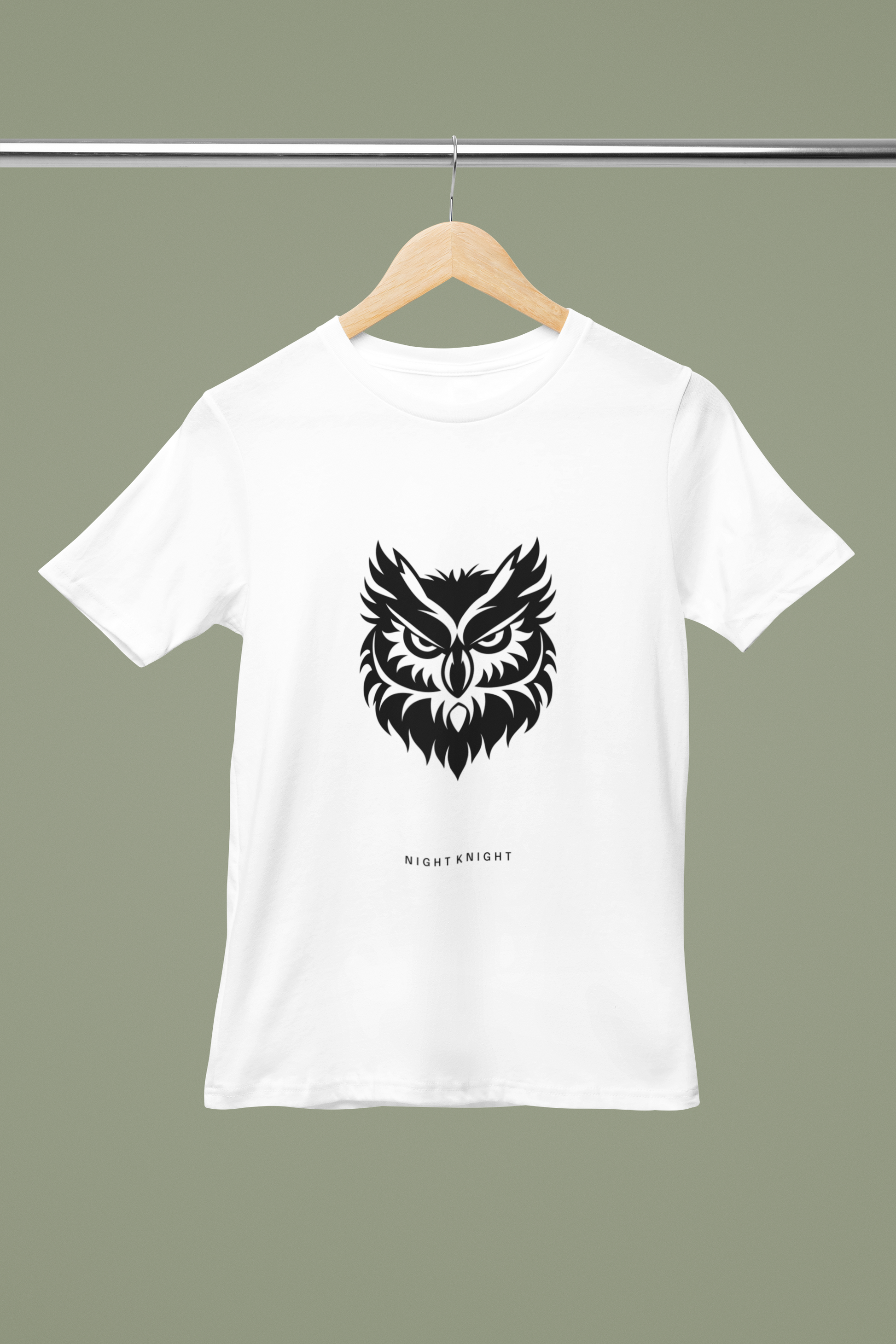 Curious Owl T Shirt hanger mockup with owl illustration graphic for gaming‑team badge print