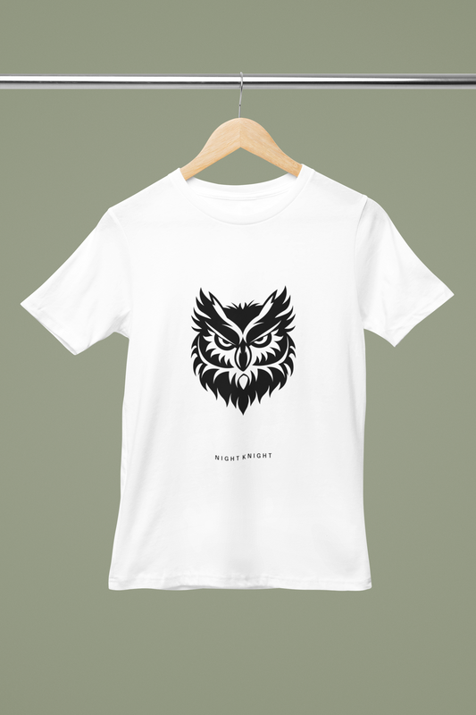 Curious Owl T Shirt hanger mockup with owl illustration graphic for gaming‑team badge print