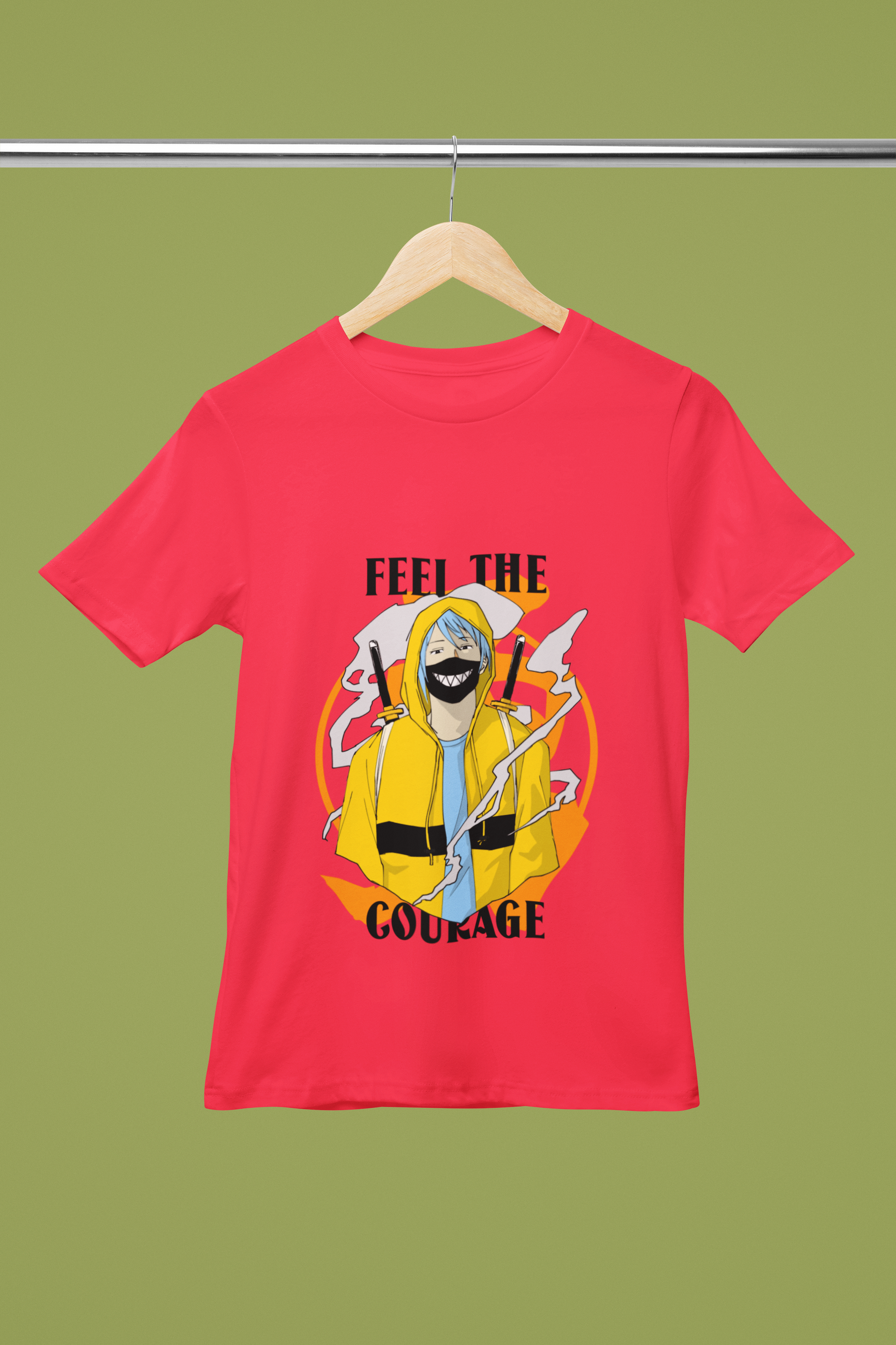 FOMO Fashions Feel the Courage T Shirt with anime warrior graphic and bold motivational text