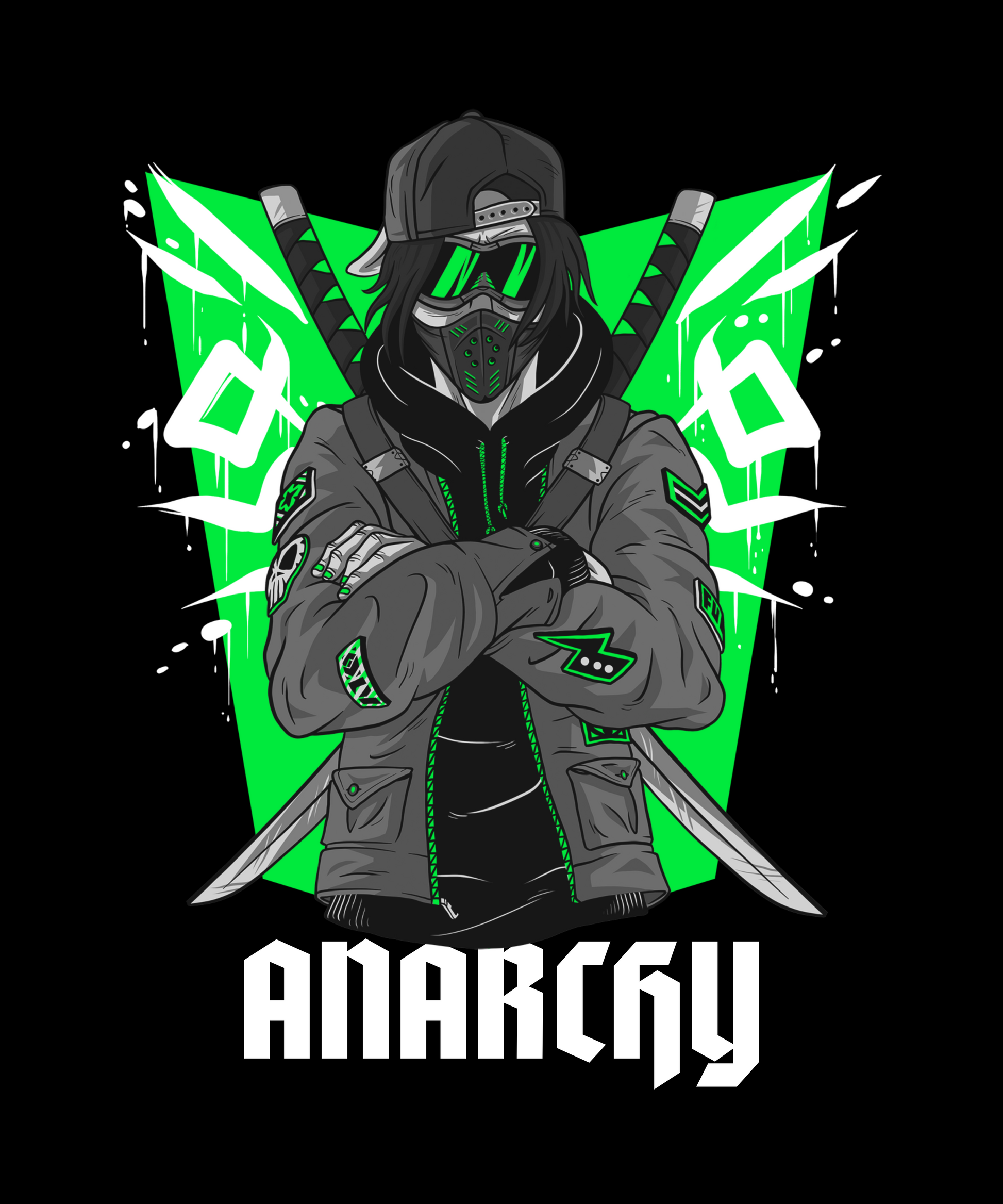 FOMO Fashions Anarchy T Shirt with bold anarchist ninja graphic on black cotton tee