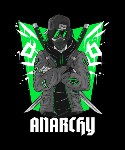 FOMO Fashions Anarchy T Shirt with bold anarchist ninja graphic on black cotton tee