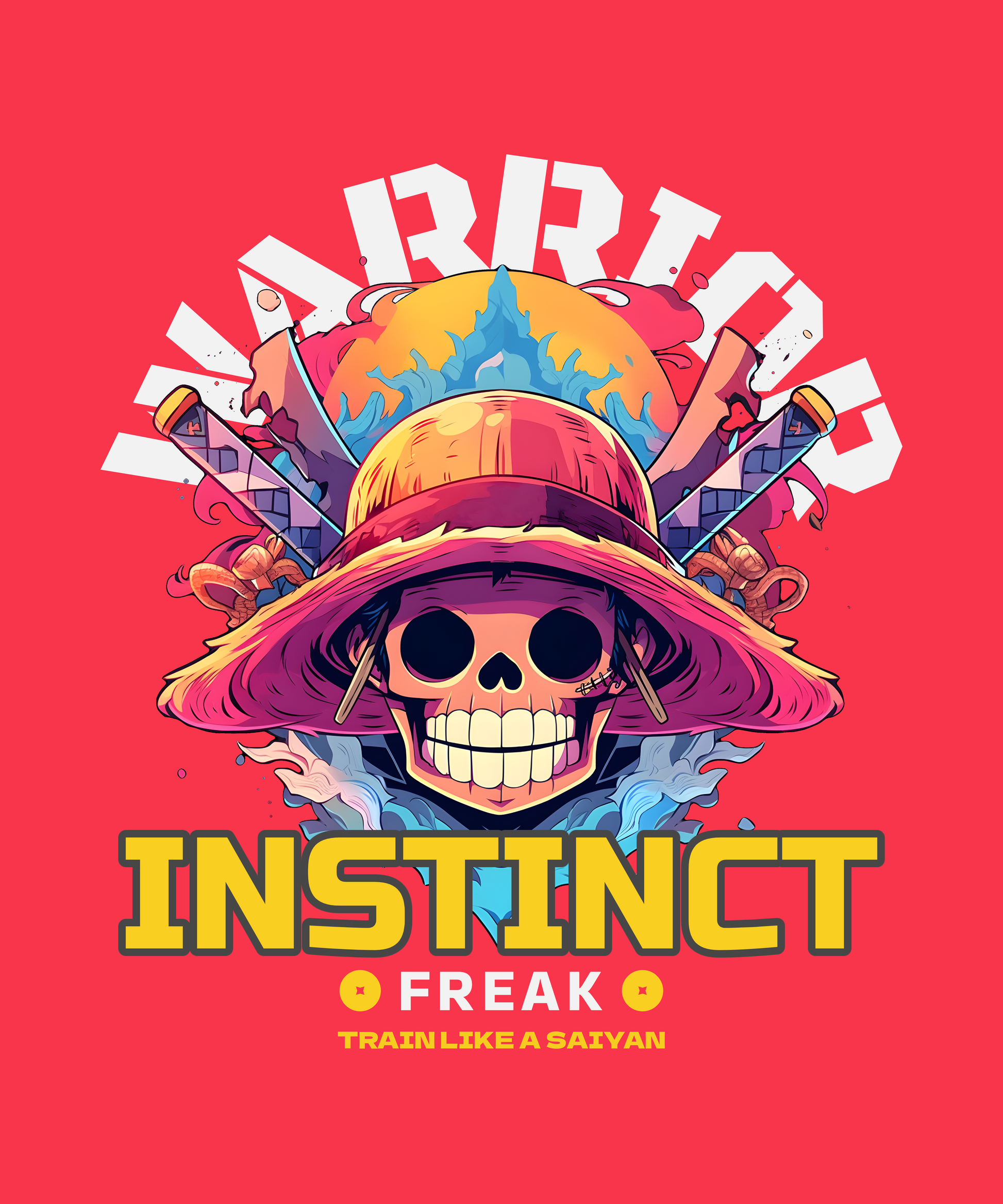 FOMO Fashions Warrior Instinct T Shirt design with anime gym‑rat warrior lifting weights graphic